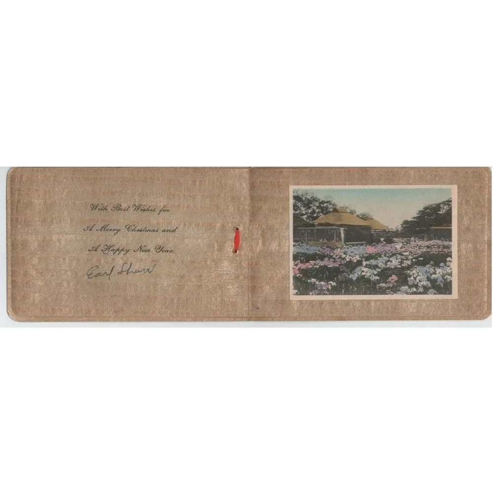 Vtg Hand Painted Christmas Card Waterfall Mountain Scene Silk Cord VG